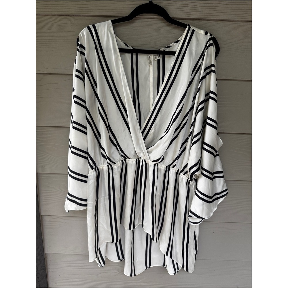 Cato Black & White Striped Surplice Peplum Tunic